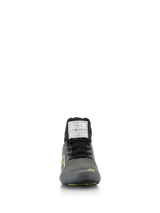 Alpinestars Supertech Shoes, Auto Racing Shoes, Cool Gray with Black and Yellow Fluo, front view featuring knitted upper and FIA certification label on the tongue