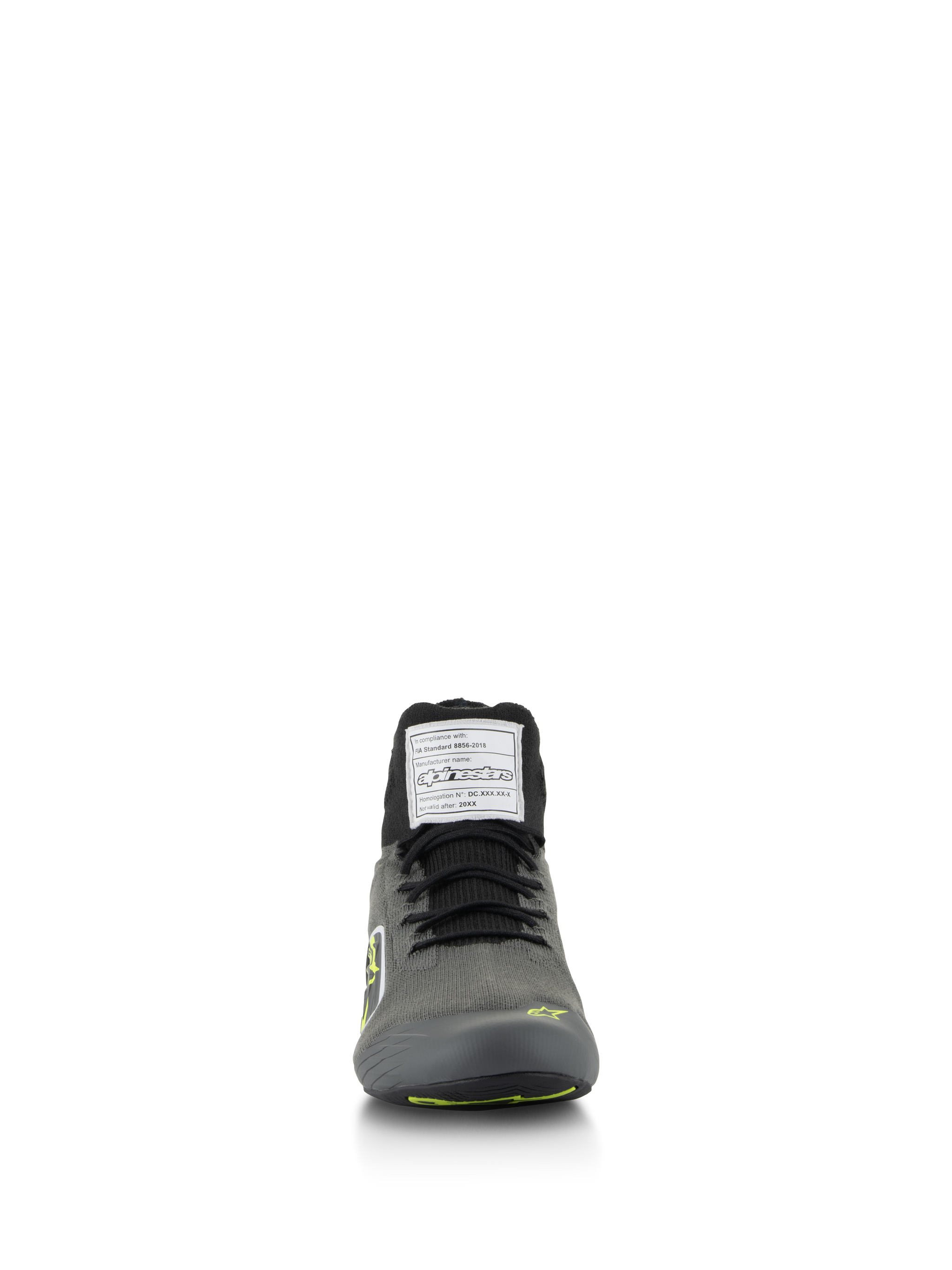 Alpinestars Supertech Shoes, Auto Racing Shoes, Cool Gray with Black and Yellow Fluo, front view featuring knitted upper and FIA certification label on the tongue