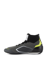 Alpinestars Supertech Shoes - FIA/SFI, Auto Racing Shoes, Gray and Black with Fluo Yellow accents, Side profile view, featuring a knitted aramid upper and carbon fiber heel cup, professional motorsport footwear