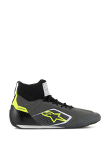 Alpinestars Supertech Shoes FIA/SFI, professional high-top racing shoes, Cool Gray and Black with Yellow Fluo accents, featuring a knitted aramid upper, carbon fiber heel cup, yellow star logo, and white and black thin sole, motorsport certified footwear