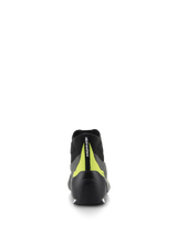 Alpinestars Supertech Shoes, Auto Racing Footwear, Gray and Black, Rear view featuring black carbon heel cup and bright fluo yellow vertical strip with branding, professional motorsport design