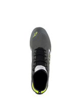 Alpinestars Supertech Shoes, Auto Racing Shoes, Cool Gray Black and Yellow Fluo, top-down view showing knitted upper, black laces, and FIA certification label on the tongue, professional driving footwear