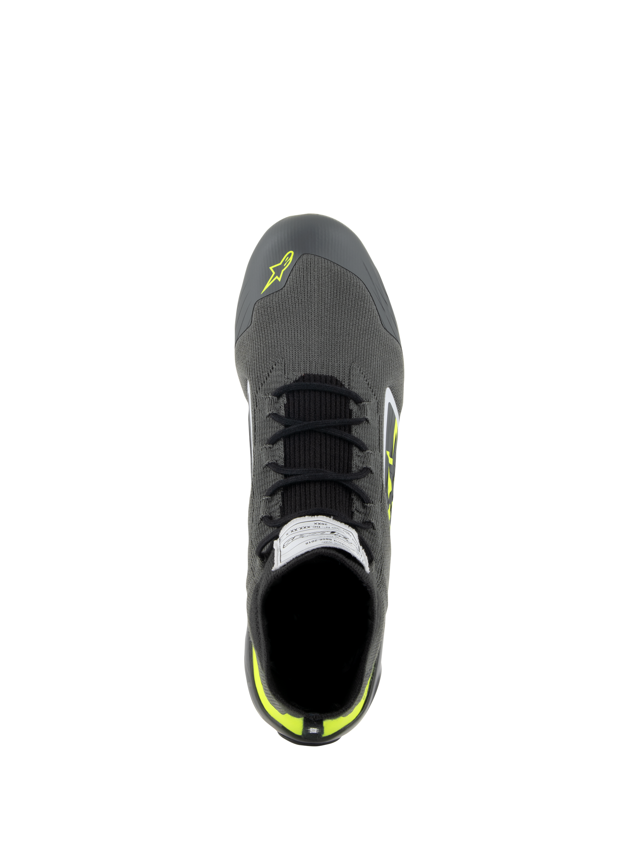 Alpinestars Supertech Shoes, Auto Racing Shoes, Cool Gray Black and Yellow Fluo, top-down view showing knitted upper, black laces, and FIA certification label on the tongue, professional driving footwear