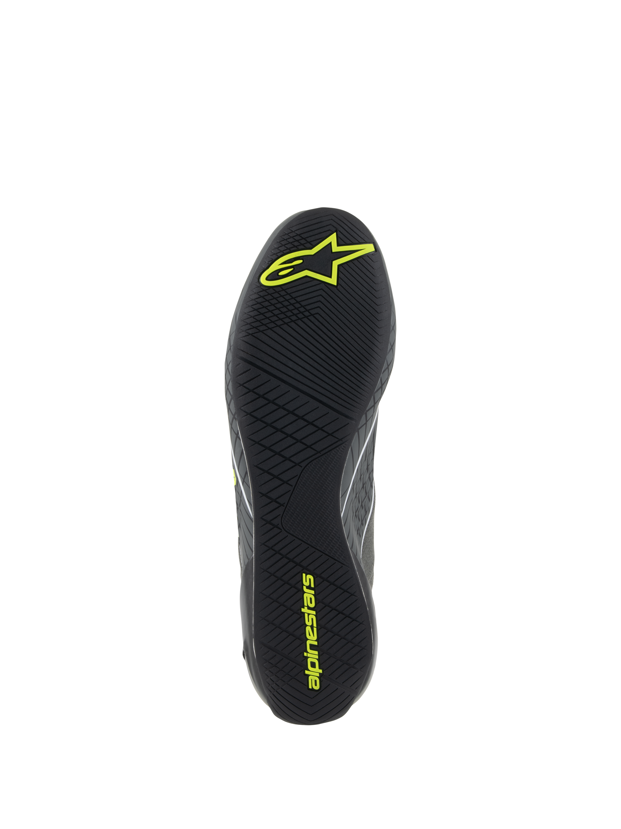 Alpinestars Supertech Shoes, Auto Racing Footwear, Cool Gray and Yellow Fluo, detailed view of the black rubber outsole with textured asymmetric tread and yellow Alpinestars logos for pedal grip and sensitivity.