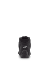Alpinestars SP V2 Shoes, Auto Racing Shoes, Black, rear view featuring premium suede upper with white logo on the heel and textured rubber sole, professional motorsport footwear
