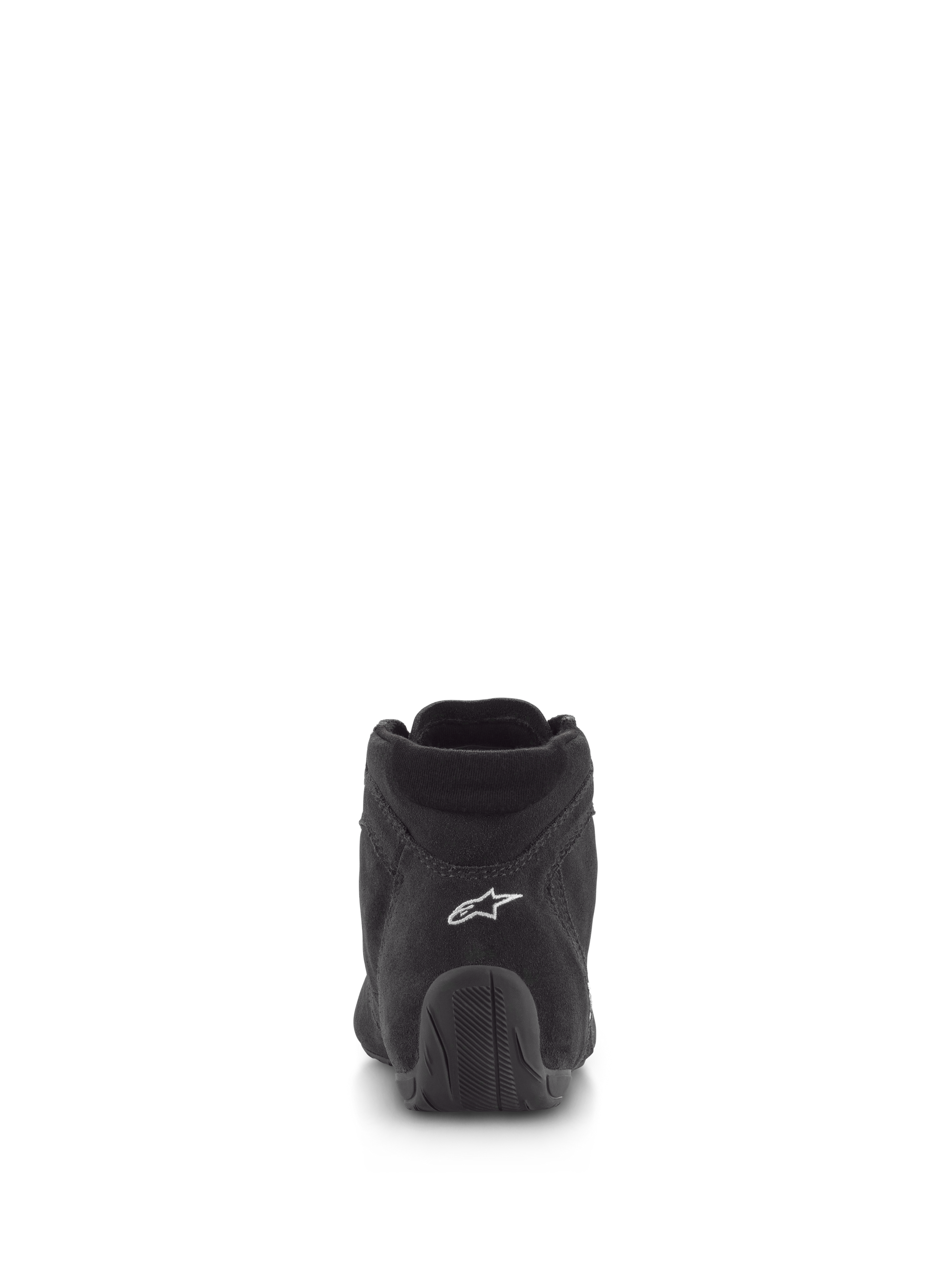 Alpinestars SP V2 Shoes, Auto Racing Shoes, Black, rear view featuring premium suede upper with white logo on the heel and textured rubber sole, professional motorsport footwear