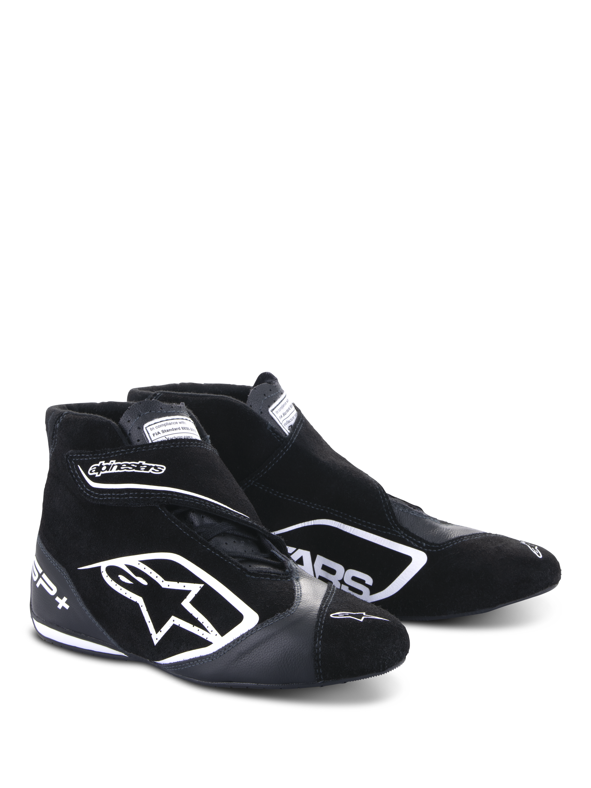 Alpinestars SP+ Shoes N, Auto Racing Footwear, Black and White, featuring a large white star logo, high-top design with ankle strap, suede and leather construction, and a thin performance sole