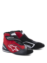Alpinestars SP+ Shoes, High-Top Racing Shoes, Black and Red, featuring suede and leather construction, white star logo on the side, adjustable hook-and-loop strap, professional motorsport footwear with ankle support