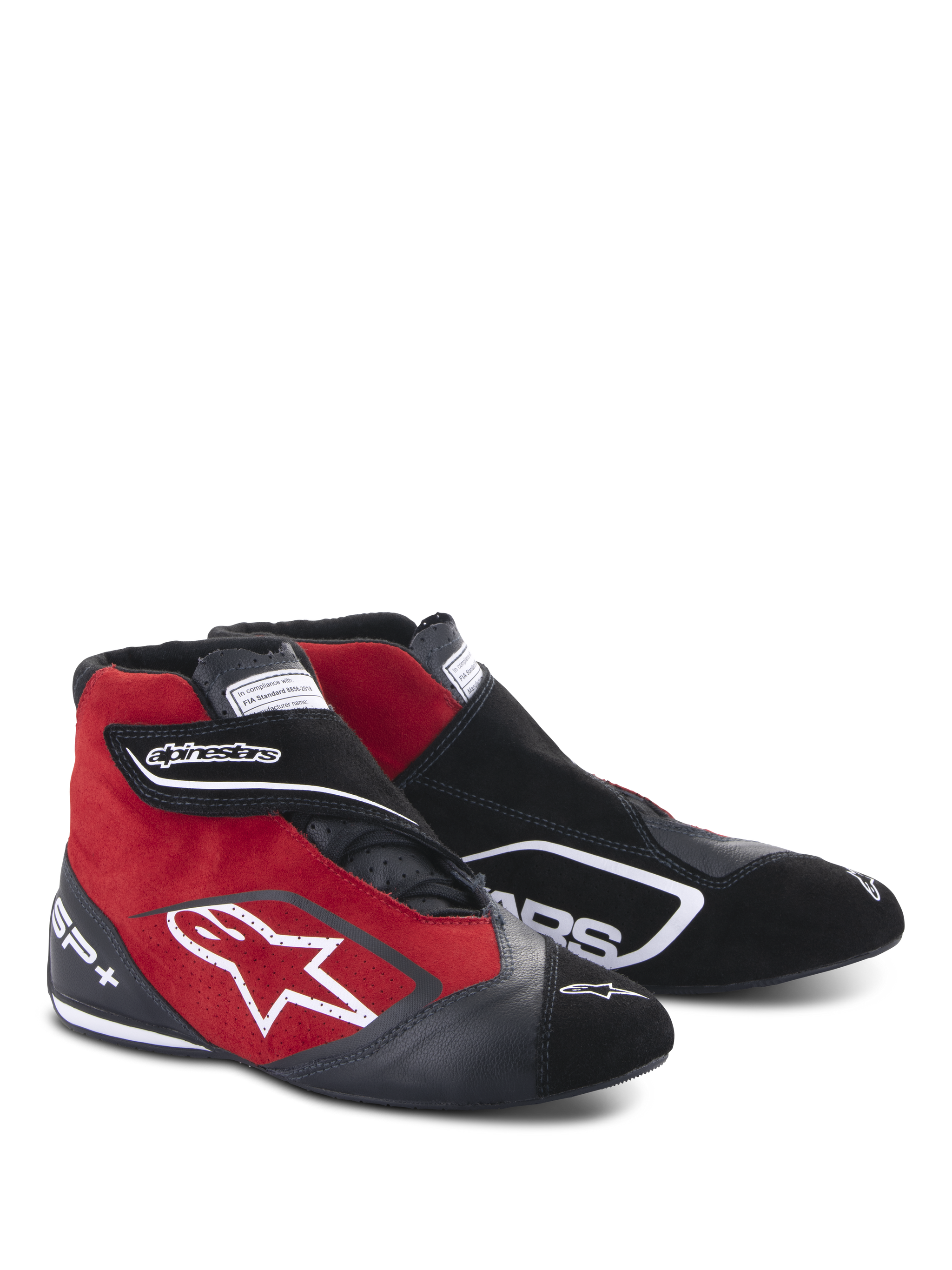 Alpinestars SP+ Shoes, High-Top Racing Shoes, Black and Red, featuring suede and leather construction, white star logo on the side, adjustable hook-and-loop strap, professional motorsport footwear with ankle support