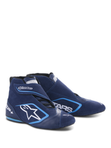 Alpinestars SP+ Shoes N, Auto Racing Shoes, Ultramarine Blue and Light Blue, high-top design with suede and leather construction, featuring a large white star logo and SP+ branding, aerodynamic shape for professional motorsport.