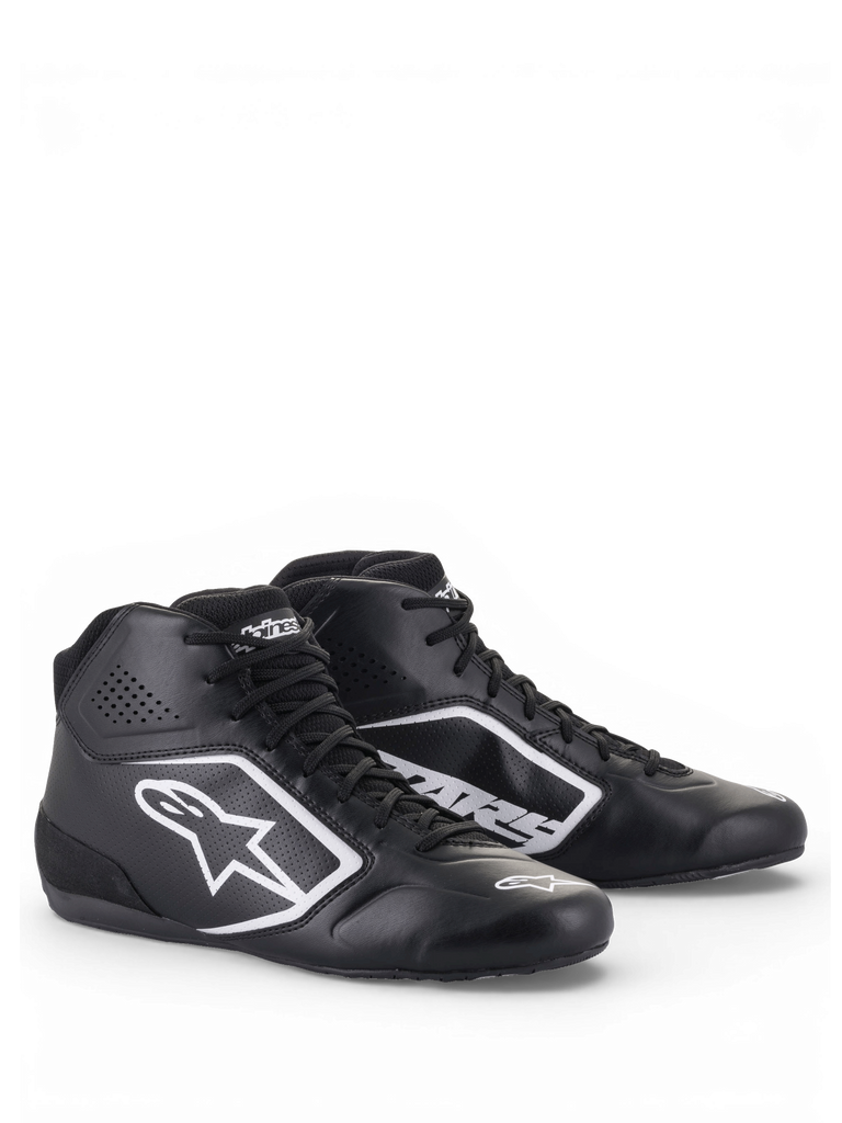 Alpinestars Tech-1 K Start V2 Shoes, Karting Shoes in Black and White, featuring lightweight microfiber upper with perforated ventilation panels and white Astars logo graphics.