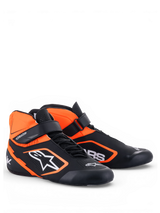 Alpinestars Tech-1 K V2 Shoes, Karting Racing Shoes, Black and Orange Fluo, Youth and Adult, featuring breathable perforated microfiber upper, dual asymmetric closure system, and ultra-thin Formula 1 specification sole for maximum pedal feel.