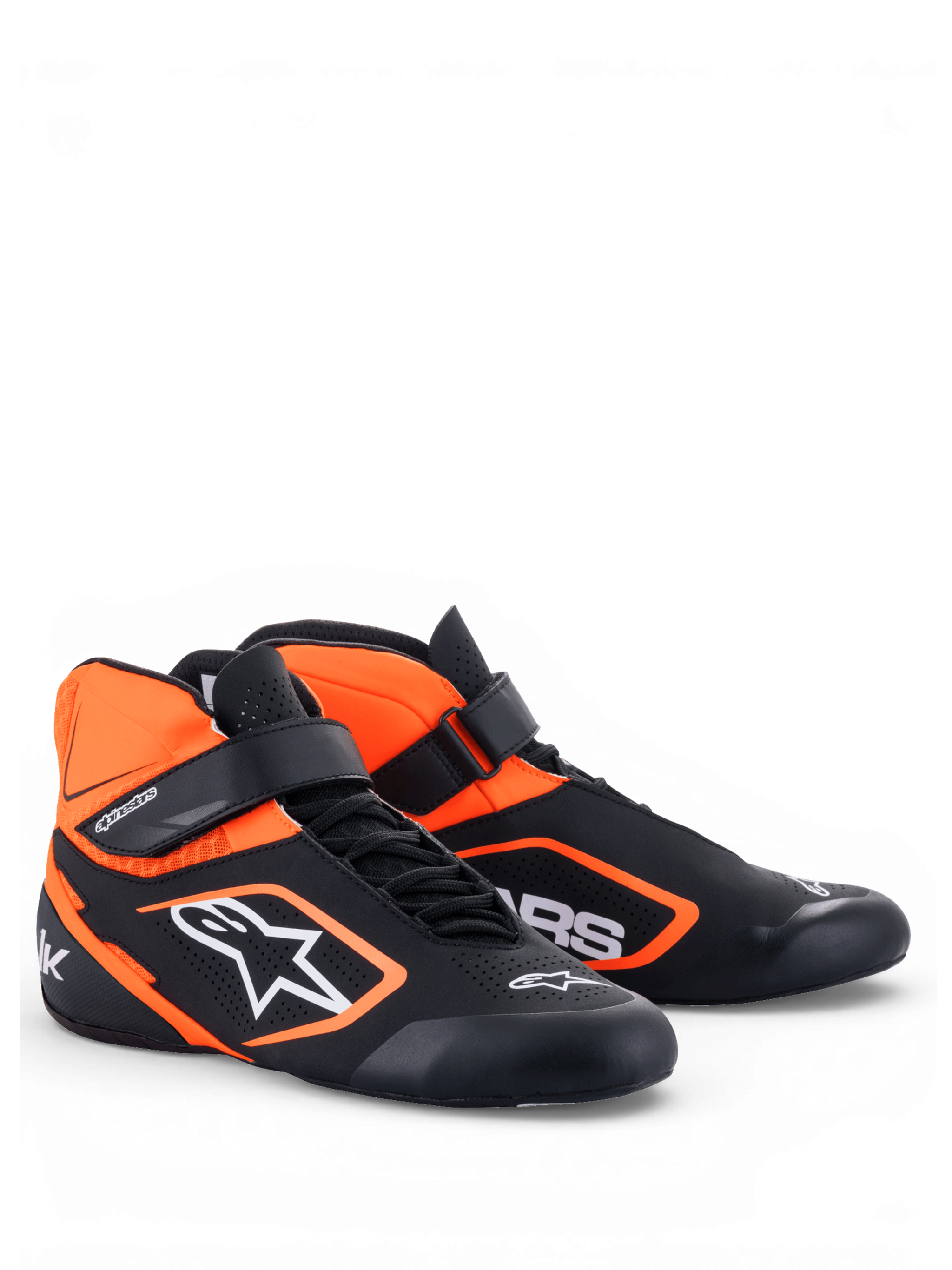 Alpinestars Tech-1 K V2 Shoes, Karting Racing Shoes, Black and Orange Fluo, Youth and Adult, featuring breathable perforated microfiber upper, dual asymmetric closure system, and ultra-thin Formula 1 specification sole for maximum pedal feel.
