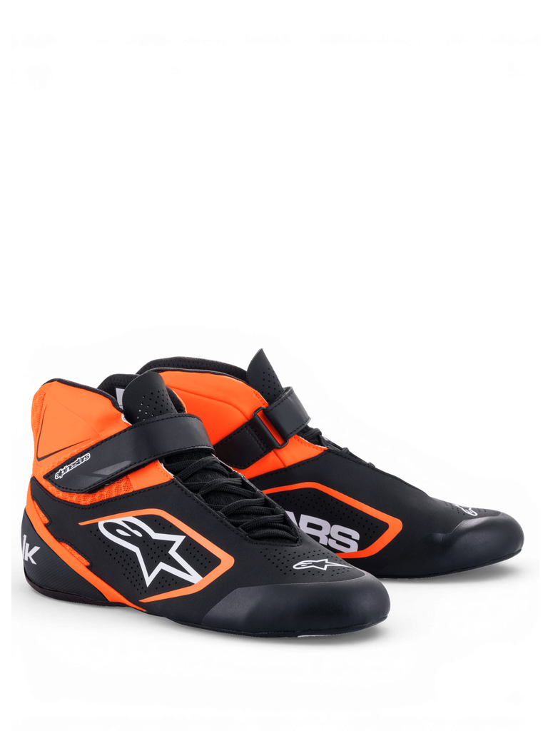 Alpinestars Tech-1 K V2 Shoes, Karting Racing Shoes, Black and Orange Fluo, Youth and Adult, featuring breathable perforated microfiber upper, dual asymmetric closure system, and ultra-thin Formula 1 specification sole for maximum pedal feel.