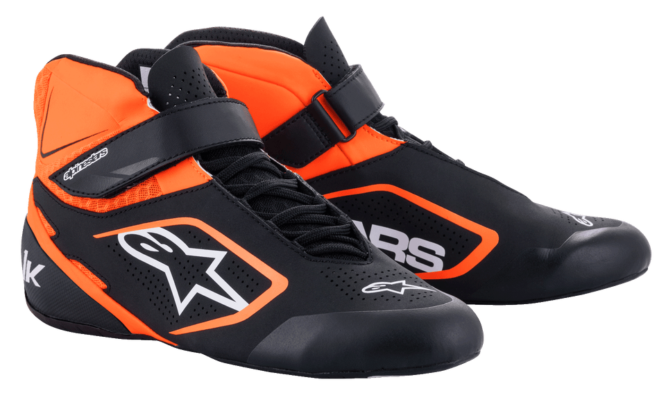 Alpinestars Tech-1 K V2 Karting Shoes in Black and Orange Fluo, featuring breathable perforated microfiber.