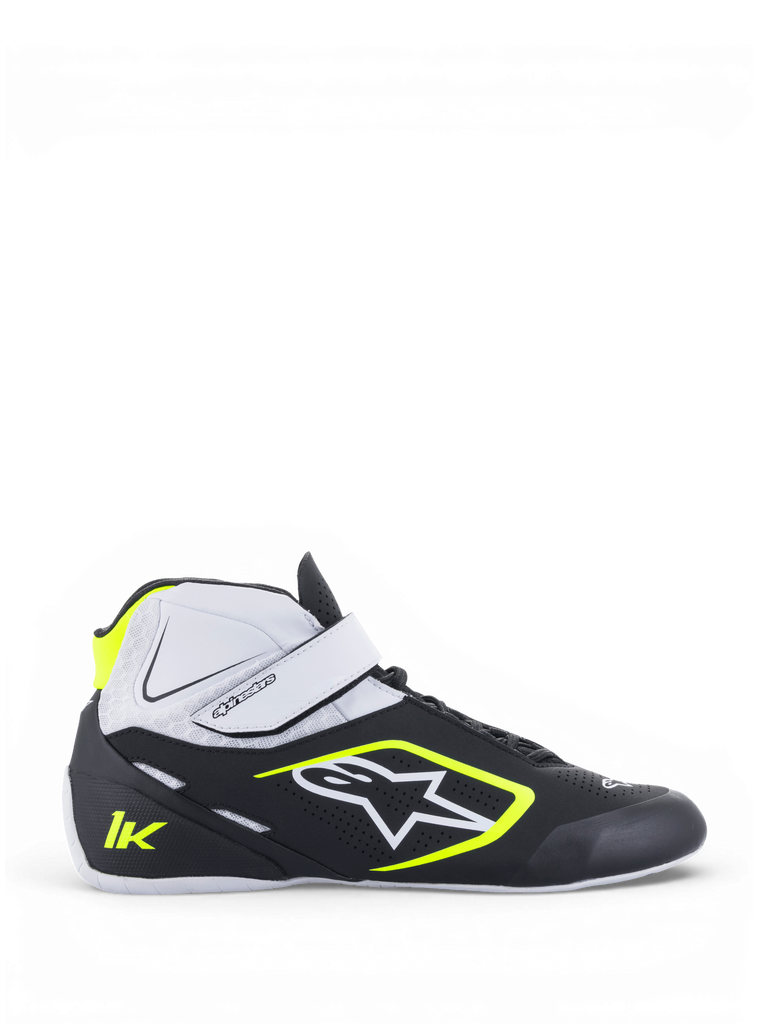 Alpinestars Tech-1 K V2 Shoes, Men's Karting Racing Shoes, Black, White and Yellow Fluo, lightweight microfiber construction with dual closure system and high-grip Formula 1 spec rubber sole.