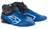 Alpinestars Tech-1 K V2 Shoes, Karting Shoes, Blue Black and White, featuring a dual closure system with laces and an adjustable hook-and-loop strap, perforated Nubuck microfiber for breathability, and bold white Alpinestars logo on the side.