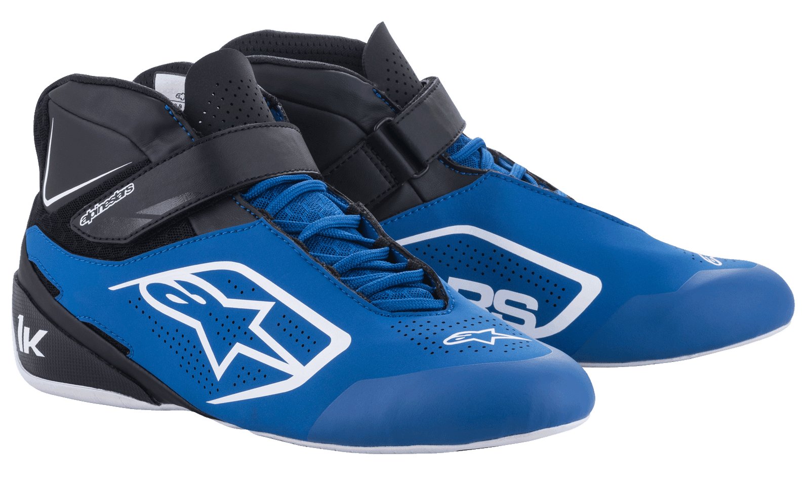 Alpinestars Tech-1 K V2 Shoes, Karting Shoes, Blue Black and White, featuring a dual closure system with laces and an adjustable hook-and-loop strap, perforated Nubuck microfiber for breathability, and bold white Alpinestars logo on the side.