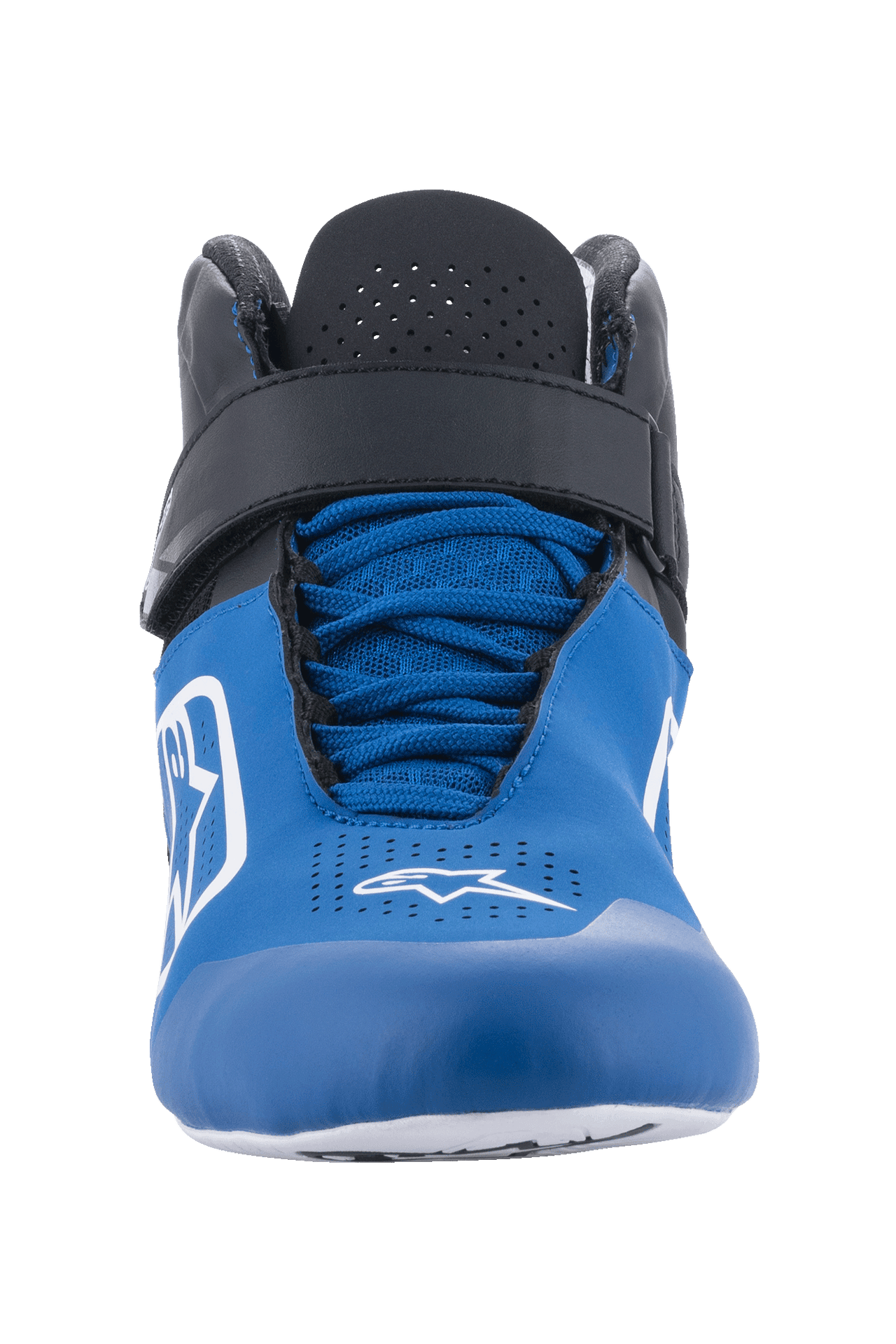 Alpinestars Tech-1 K V2 Shoes, Karting Shoes, Blue Black and White, front view featuring blue laces and black ankle strap, perforated microfiber for airflow, white Astars logos, sleek aerodynamic profile for kart racing
