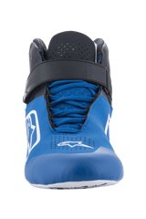 Alpinestars Tech-1 K V2 Shoes, Karting Shoes, Blue Black and White, front view featuring blue laces and black ankle strap, perforated microfiber for airflow, white Astars logos, sleek aerodynamic profile for kart racing