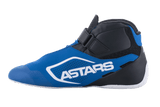 Alpinestars Tech-1 K V2 Shoes, Karting Shoes, Blue Black and White, side profile featuring white ASTARS logo on a blue upper, black heel and ankle with adjustable strap, sleek design for professional karting.