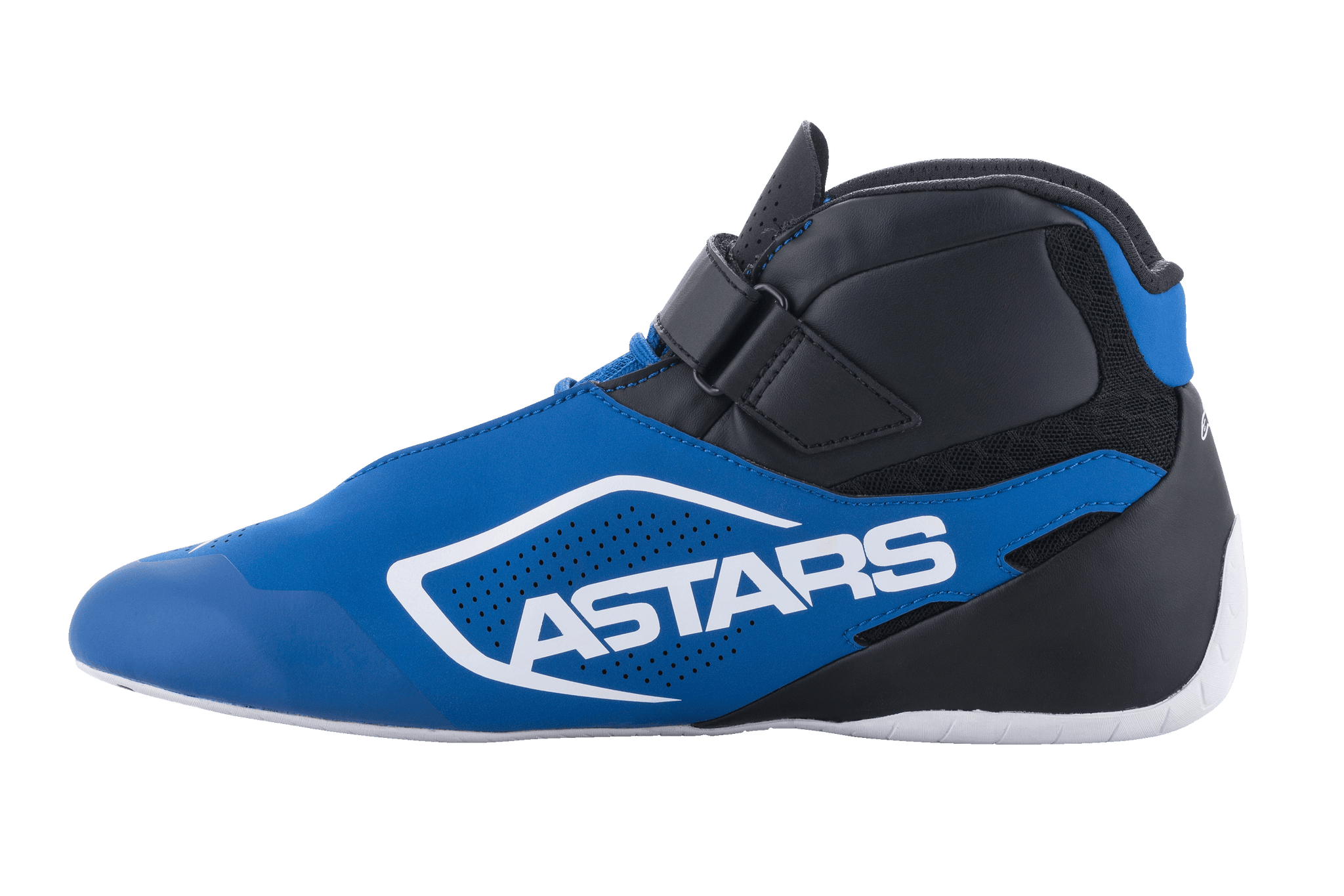 Alpinestars Tech-1 K V2 Shoes, Karting Shoes, Blue Black and White, side profile featuring white ASTARS logo on a blue upper, black heel and ankle with adjustable strap, sleek design for professional karting.