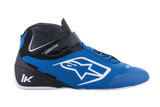 Alpinestars Tech-1 K V2 Shoes, Karting Racing Shoes, Blue Black and White, side profile view featuring high-top design with ankle strap, perforated microfiber for breathability, large white A-star logo, and low-profile performance sole