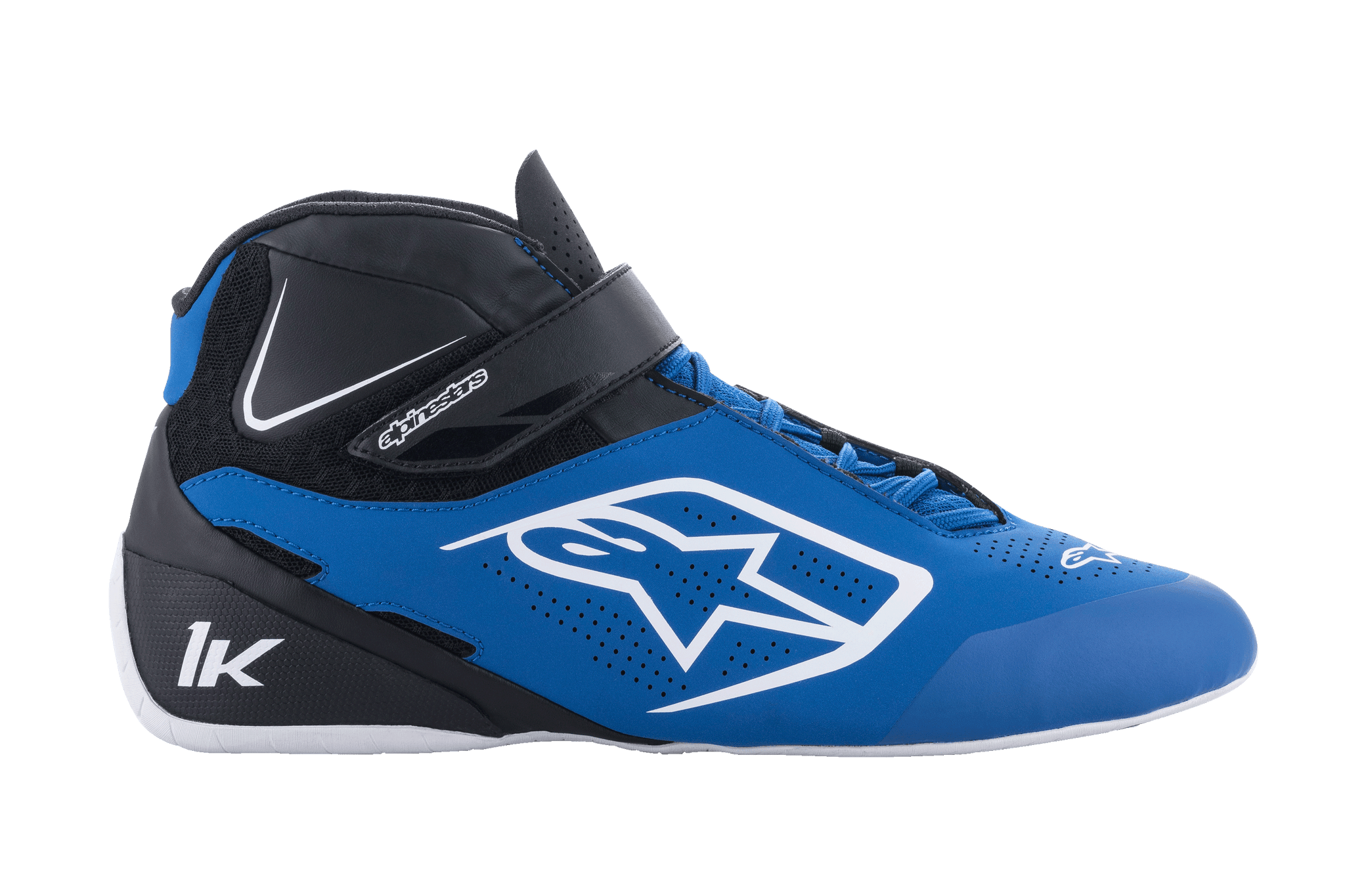 Alpinestars Tech-1 K V2 Shoes, Karting Racing Shoes, Blue Black and White, side profile view featuring high-top design with ankle strap, perforated microfiber for breathability, large white A-star logo, and low-profile performance sole