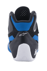 Alpinestars Tech-1 K V2 Shoes, Karting Shoes, Blue Black White, rear view showing the Achilles-friendly low-cut collar, white Alpinestars logo, and contoured white heel cup
