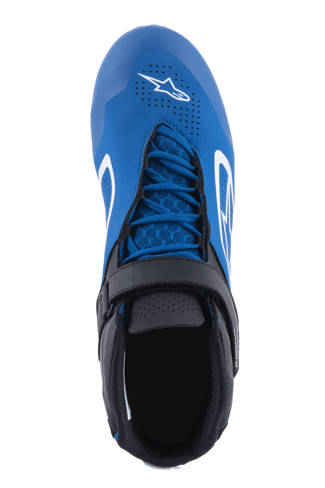 Alpinestars Tech-1 K V2 Shoes, Karting Footwear, Blue Black and White, top-down view showing the asymmetric lacing system and adjustable hook-and-loop strap, perforated nubuck microfiber for airflow, white Alpinestars logo on the toe