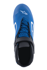 Alpinestars Tech-1 K V2 Shoes, Karting Footwear, Blue Black and White, top-down view showing the asymmetric lacing system and adjustable hook-and-loop strap, perforated nubuck microfiber for airflow, white Alpinestars logo on the toe