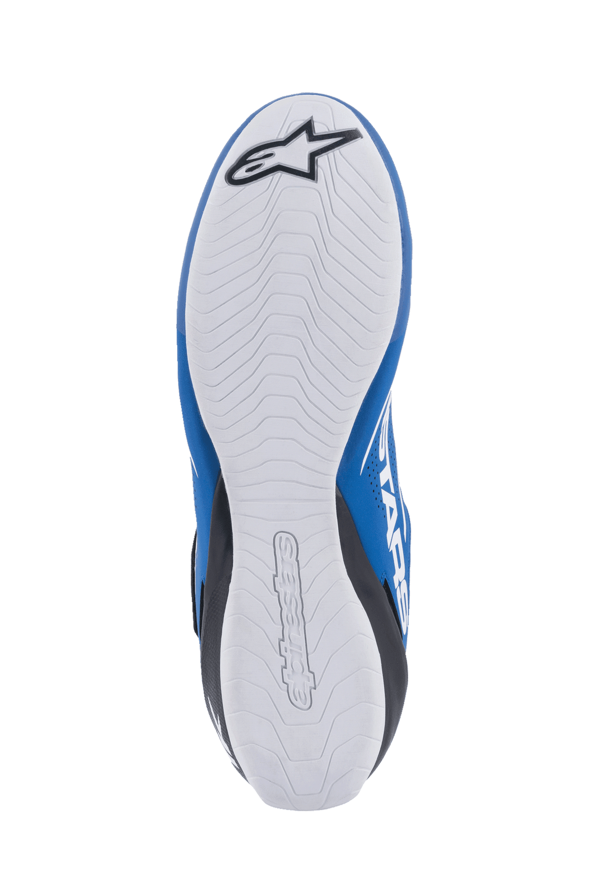Alpinestars Tech-1 K V2 Shoes, Karting Shoes, Blue Black and White, bottom view showing the white sole with wavy tread patterns, featuring a black Alpinestars logo on the heel and embossed branding in the center, designed for optimized pedal feel and grip.