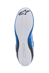 Alpinestars Tech-1 K V2 Shoes, Karting Shoes, Blue Black and White, bottom view showing the white sole with wavy tread patterns, featuring a black Alpinestars logo on the heel and embossed branding in the center, designed for optimized pedal feel and grip.