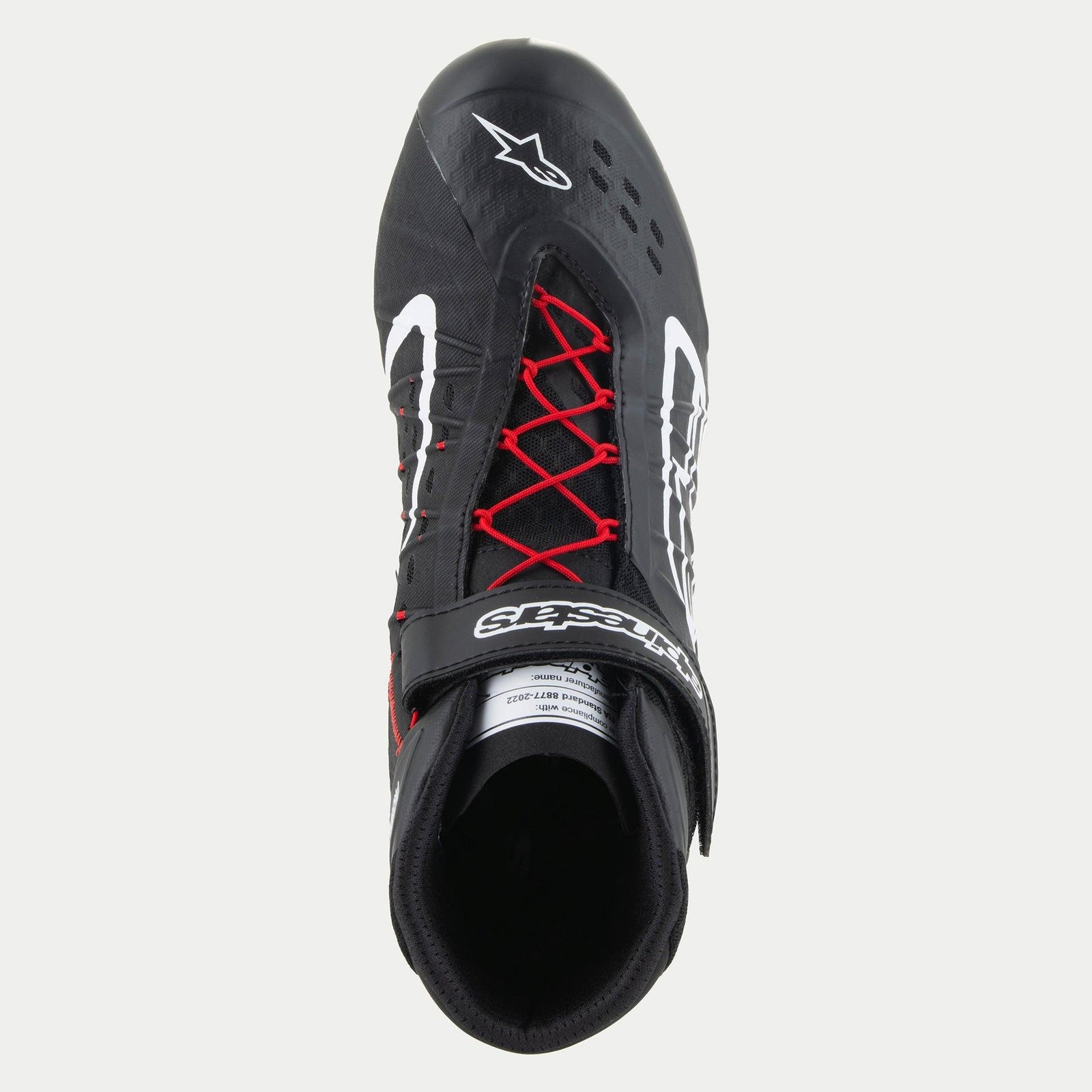 Alpinestars Tech-1 KX V3 Shoes, Karting Shoes, Black White and Red, top-down view featuring red laces and a black ankle strap with white branding, white Alpinestars logo on the toe, sleek breathable design for motorsport performance.