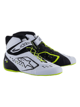 Alpinestars Tech-1 KX V3 Shoes - FIA, Karting Shoes, Black White and Yellow Fluo, high-performance racing footwear with asymmetric lacing, velcro ankle strap, neon yellow accents on the laces and sole, and breathable laser-cut panels
