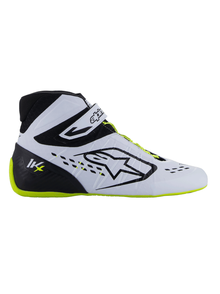 Alpinestars Tech-1 KX V3 Shoes - FIA, Karting Shoes, Black White and Yellow Fluo, sleek side profile with white thermo-welded upper, black heel counter with KX logo, fluorescent yellow sole and laces, professional motorsport design for karting