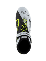 Alpinestars Tech-1 KX V3 Shoes, FIA Karting Shoes, Black White and Yellow Fluo, top-down view showing asymmetric neon yellow lacing system, white velcro ankle strap, and laser-cut perforations on the toe