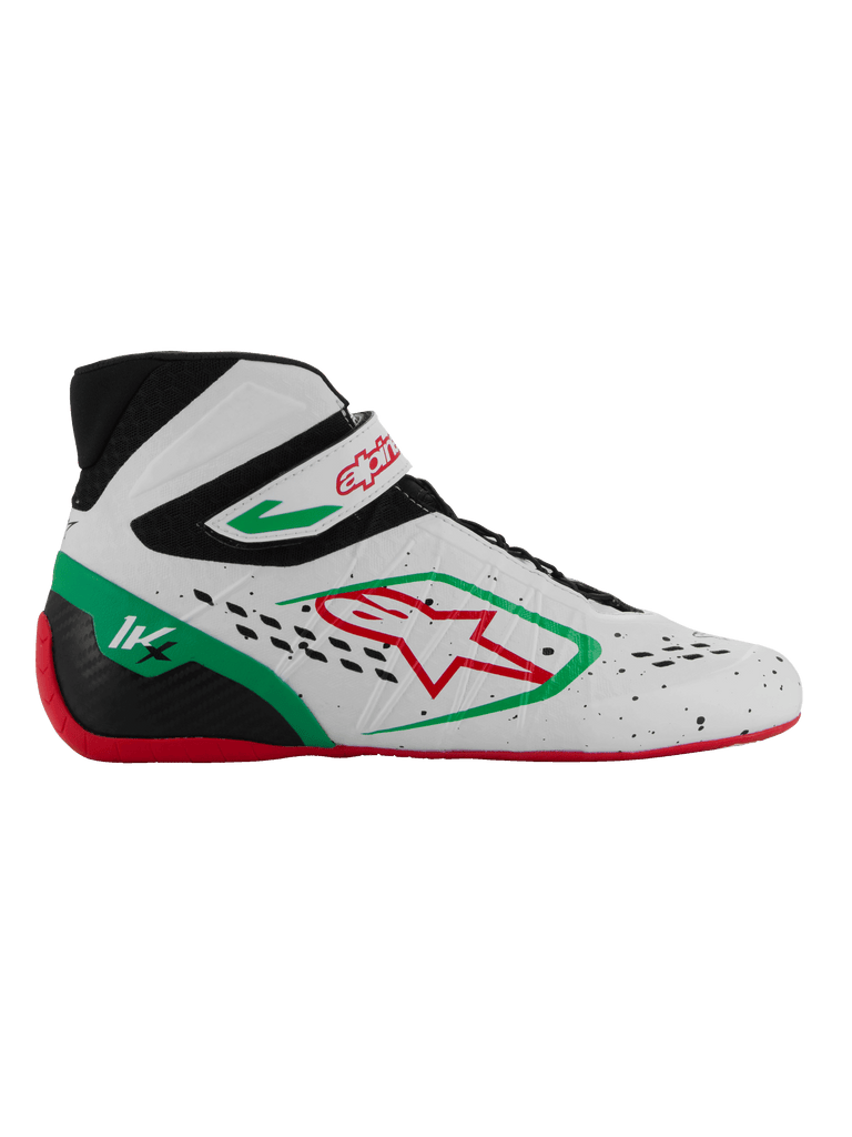 Alpinestars Tech-1 KX V3 Shoes, FIA-approved karting racing shoes, white with black, green, and red accents, red star logo, red sole, high-top design with Velcro strap, breathable perforated upper, 1K heel marking