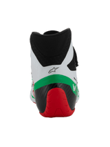 Alpinestars Tech-1 KX V3 Shoes - FIA, Karting Shoes, White Green and Red, rear view showing the low-cut microfiber collar, reinforced black and red heel structure, and Alpinestars logo.