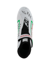 Alpinestars Tech-1 KX V3 Shoes, FIA-homologated Karting Shoes, White with Green and Red accents, top-down view showing asymmetric lacing, adjustable strap with red logo, and laser-cut perforations on the toe.