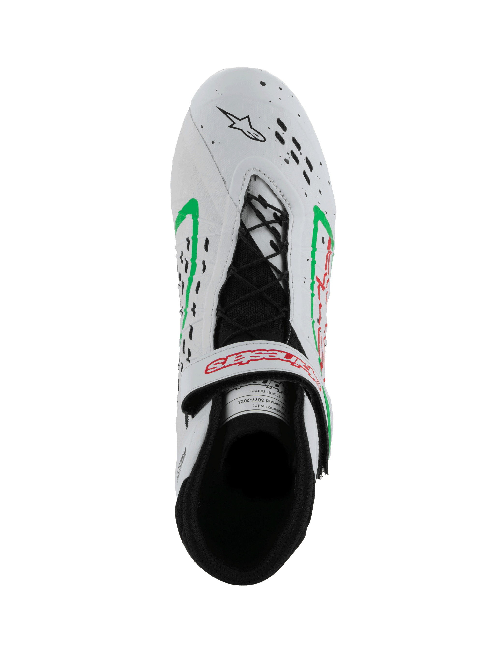 Alpinestars Tech-1 KX V3 Shoes, FIA-homologated Karting Shoes, White with Green and Red accents, top-down view showing asymmetric lacing, adjustable strap with red logo, and laser-cut perforations on the toe.
