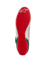 Alpinestars Tech-1 KX V3 Karting Shoes, Sole View, Bright Red thin rubber outsole with textured grip pattern, white Alpinestars logo at the heel, White Green and Red colorway