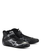 Alpinestars Tech-1 Z V3 Shoes FIA, Auto Racing Footwear, Black and Silver, premium bovine leather with silver Alpinestars star logo, sleek low-cut profile with speed lacing and Velcro strap