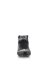 Alpinestars Tech-1 Z V3 Shoes FIA, Auto Racing Shoes, Black and Silver, front-facing view showing speed lacing system and Alpinestars logo on the strap, sleek bovine leather construction for professional motorsport performance