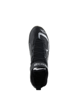 Alpinestars Tech-1 Z V3 Shoes FIA, Auto Racing Shoes, Black and Silver, overhead view showing speed lacing system and Alpinestars branding, professional bovine leather motorsport footwear