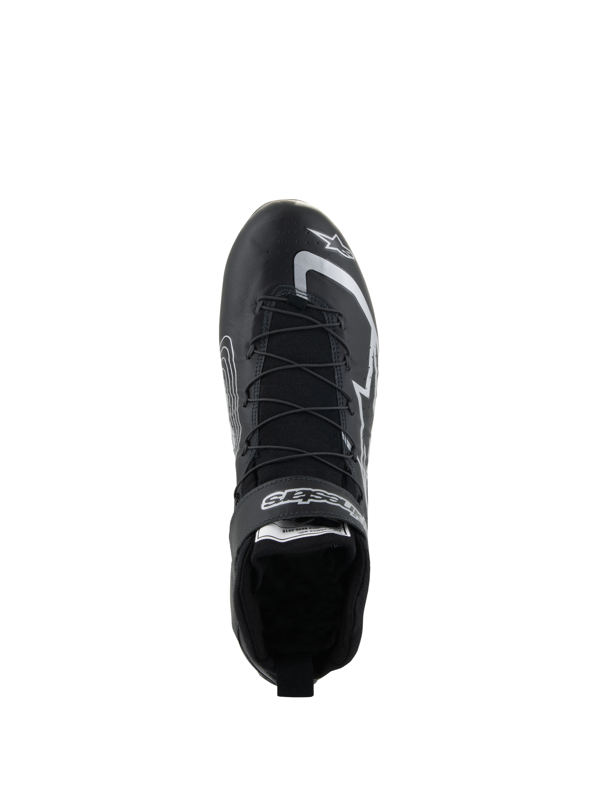 Alpinestars Tech-1 Z V3 Shoes FIA, Auto Racing Shoes, Black and Silver, overhead view showing speed lacing system and Alpinestars branding, professional bovine leather motorsport footwear
