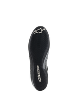 Alpinestars Tech-1 Z V3 Shoes FIA, Black Silver racing shoe sole view, featuring F1-derived thin rubber outsole with asymmetric tread, white branding including Astar logo and Alpinestars wordmark