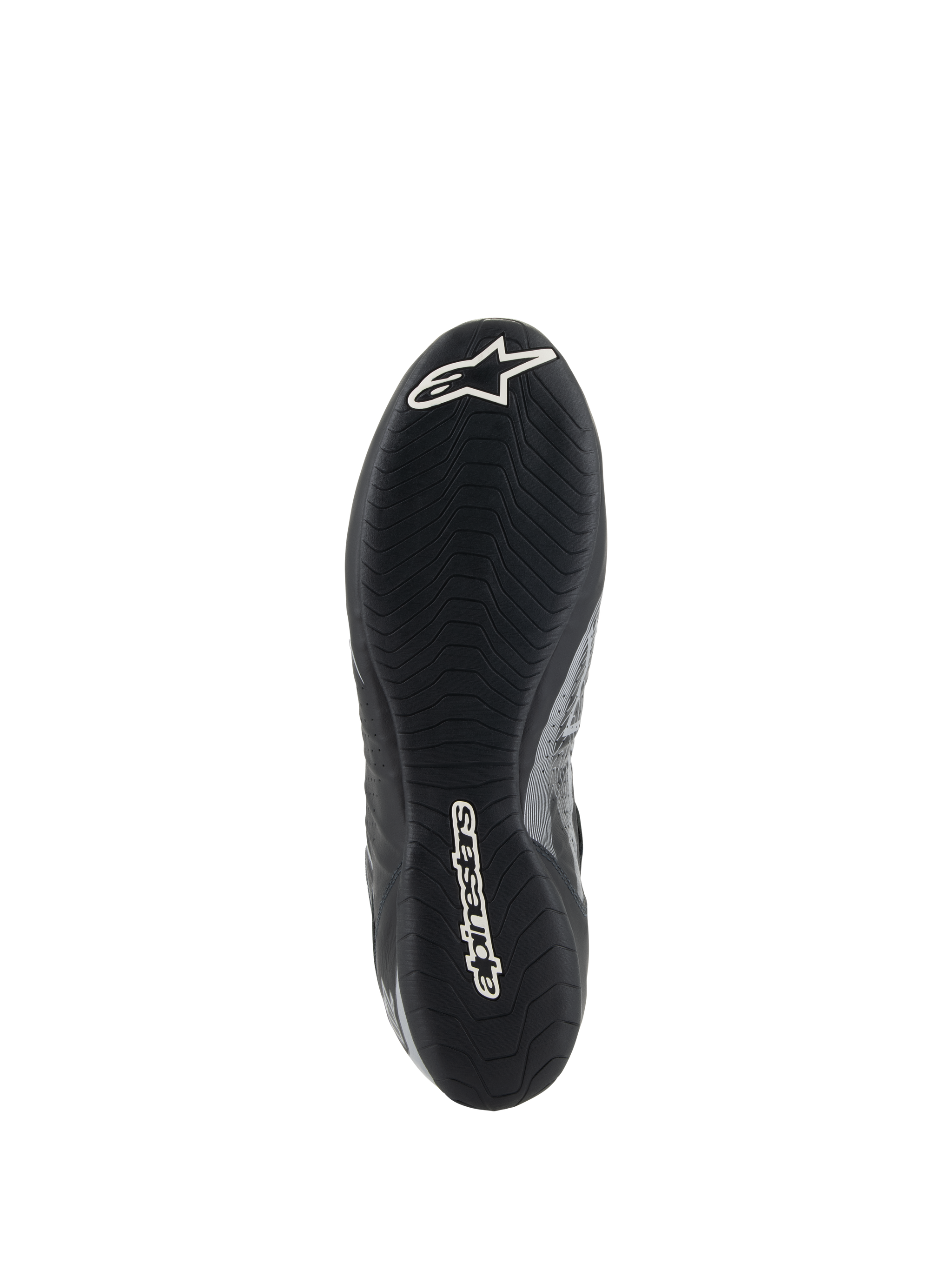 Alpinestars Tech-1 Z V3 Shoes FIA, Black Silver racing shoe sole view, featuring F1-derived thin rubber outsole with asymmetric tread, white branding including Astar logo and Alpinestars wordmark