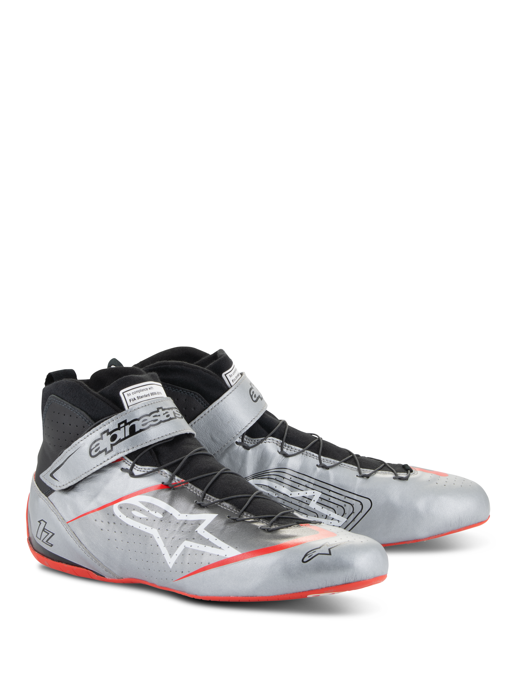 Alpinestars Tech-1 Z V3 Shoes FIA, Auto Racing Shoes, Dark Silver with Black and Red accents, metallic silver leather upper with black speed lacing system, branded ankle strap, and thin red sole detailing.