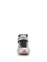 Alpinestars Tech-1 Z V3 Shoes FIA, Auto Racing Shoes, Dark Silver Black and Red, front view featuring a metallic silver leather upper, black speed lacing system, red accents on the toe, Alpinestars branding on the ankle strap, and FIA homologation label on the tongue